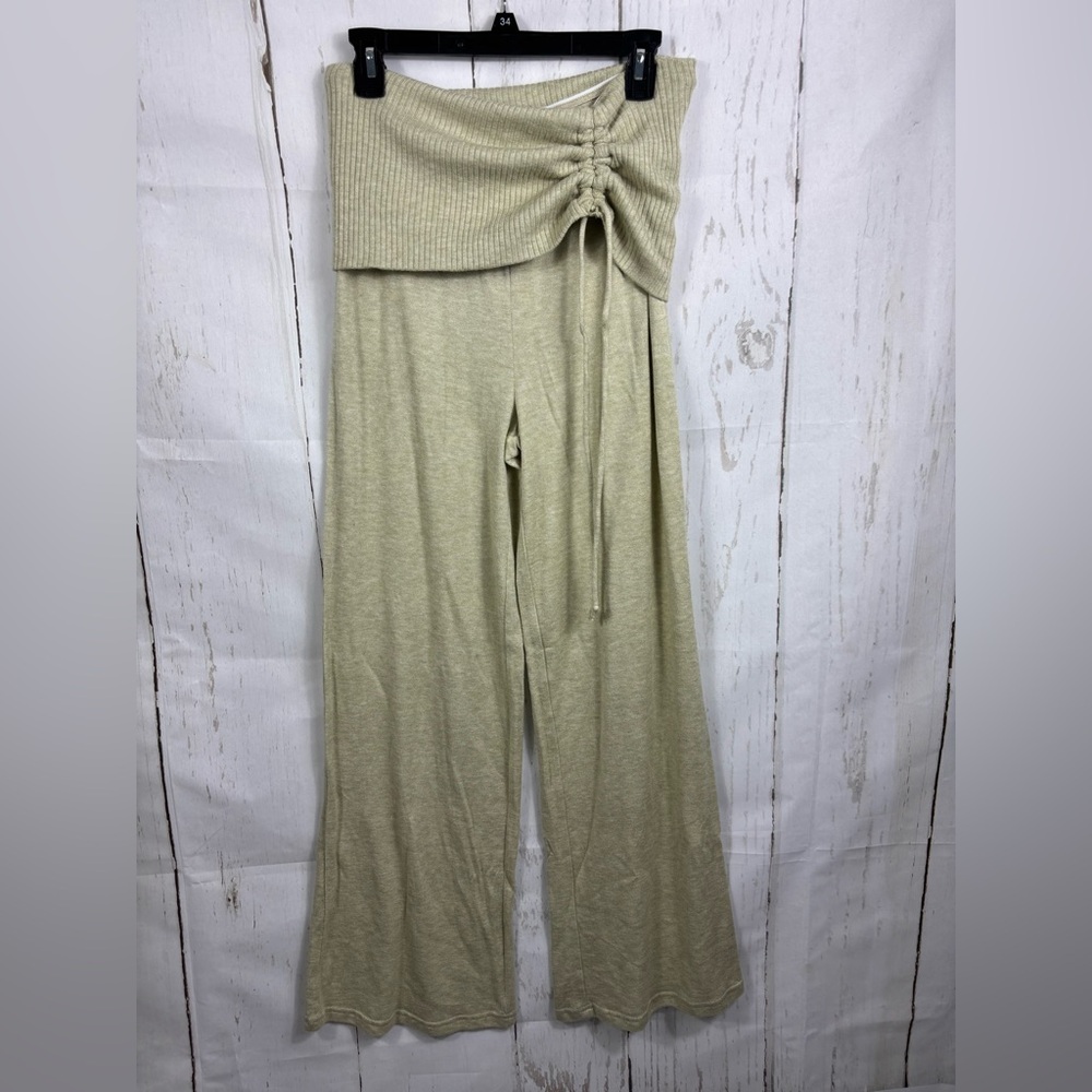 NWOT Forever 21 Avocado Green Tan Wide Leg Ruched Drawstring Fold over Pants